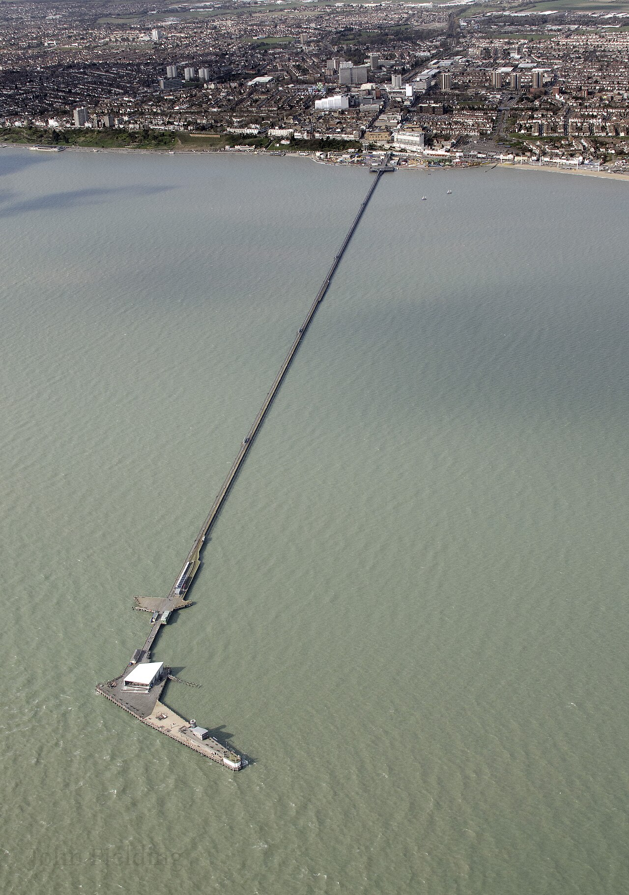 Southend Pier from the air, stretching out into the Thames Estuary